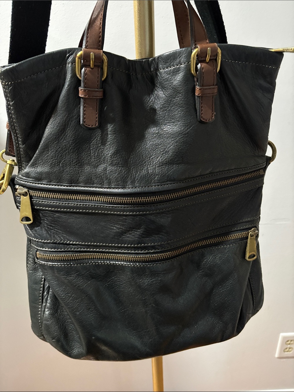 Black Leather Tote Bag with Brown Handles
